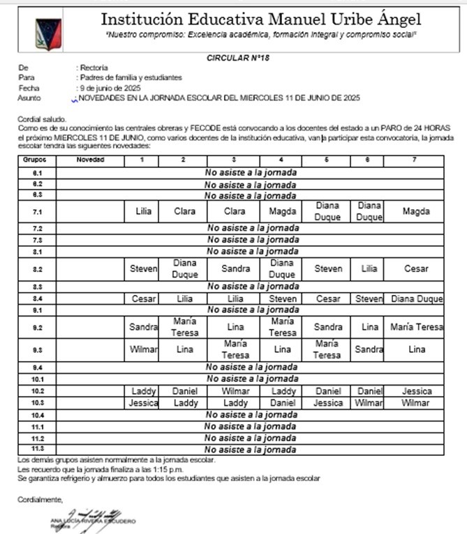 Para el dia 11 de junio no habra clases en algunos grupos debido al paro nacional, leer la circular